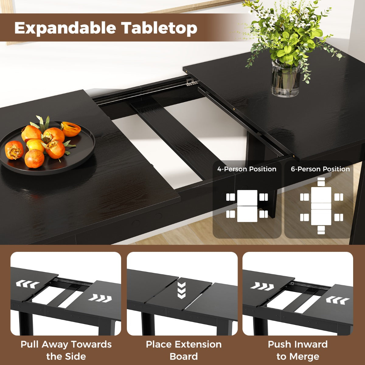Modern Kitchen Table with Adjustable Tabletop and L-shaped Legs-Black