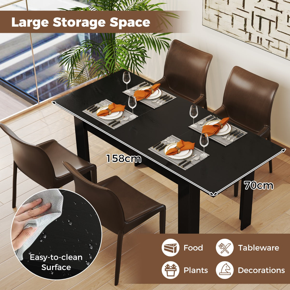 Modern Kitchen Table with Adjustable Tabletop and L-shaped Legs-Black