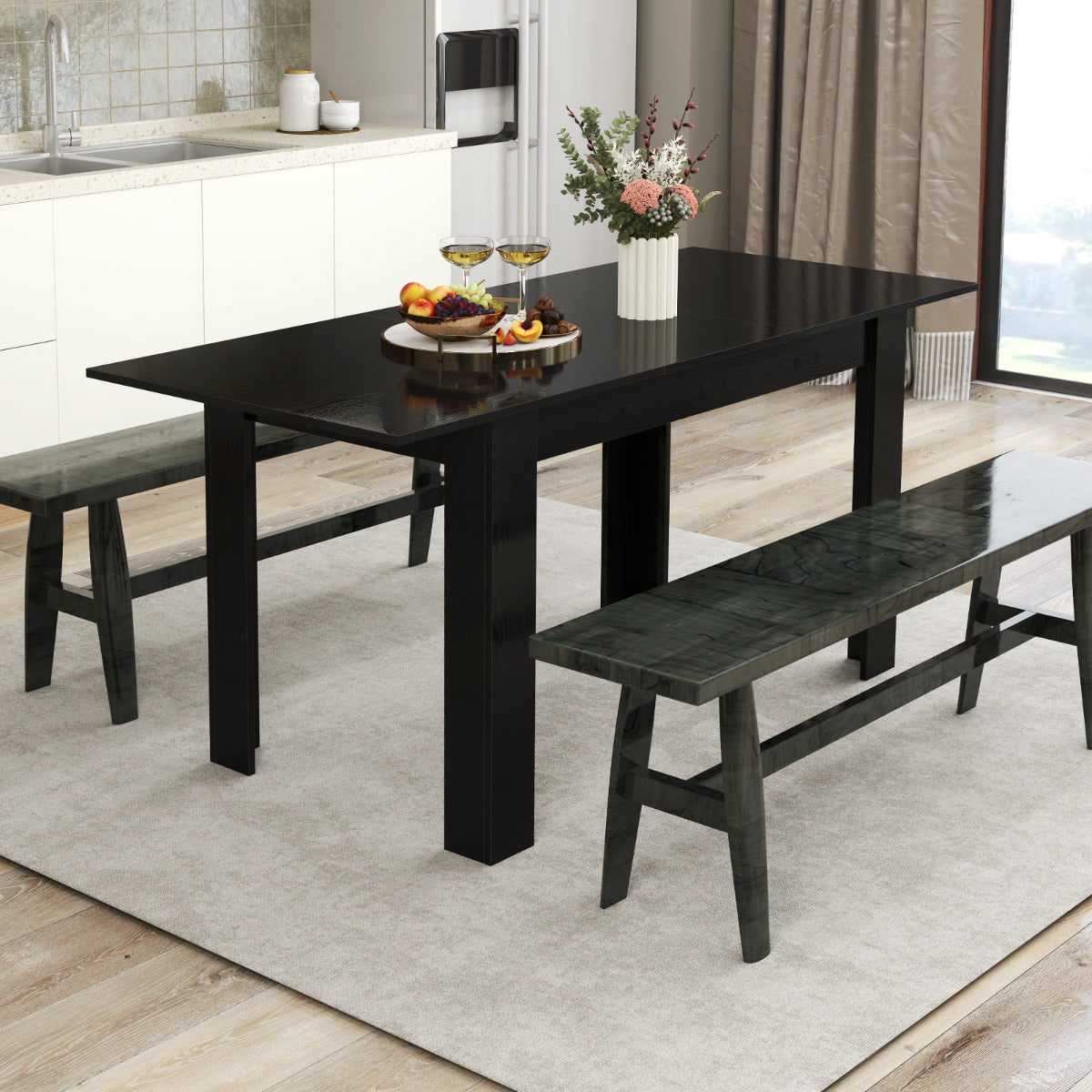Modern Kitchen Table with Adjustable Tabletop and L-shaped Legs-Black