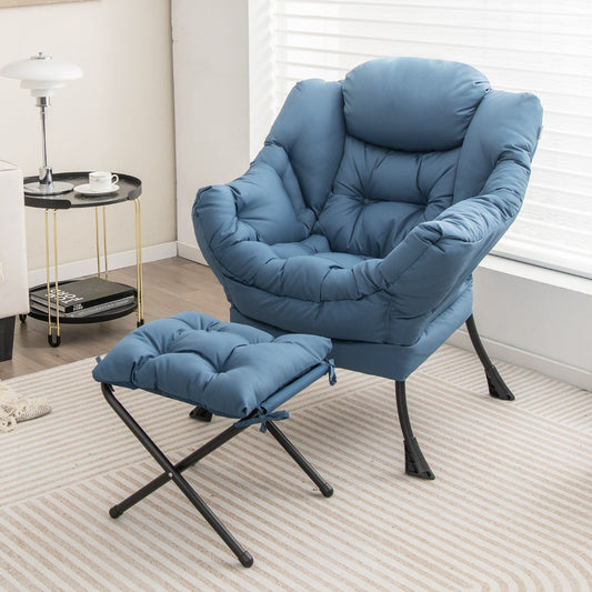 Modern Lazy Chair with Ottoman & Pillow & Armrests & Side Pocket-Blue