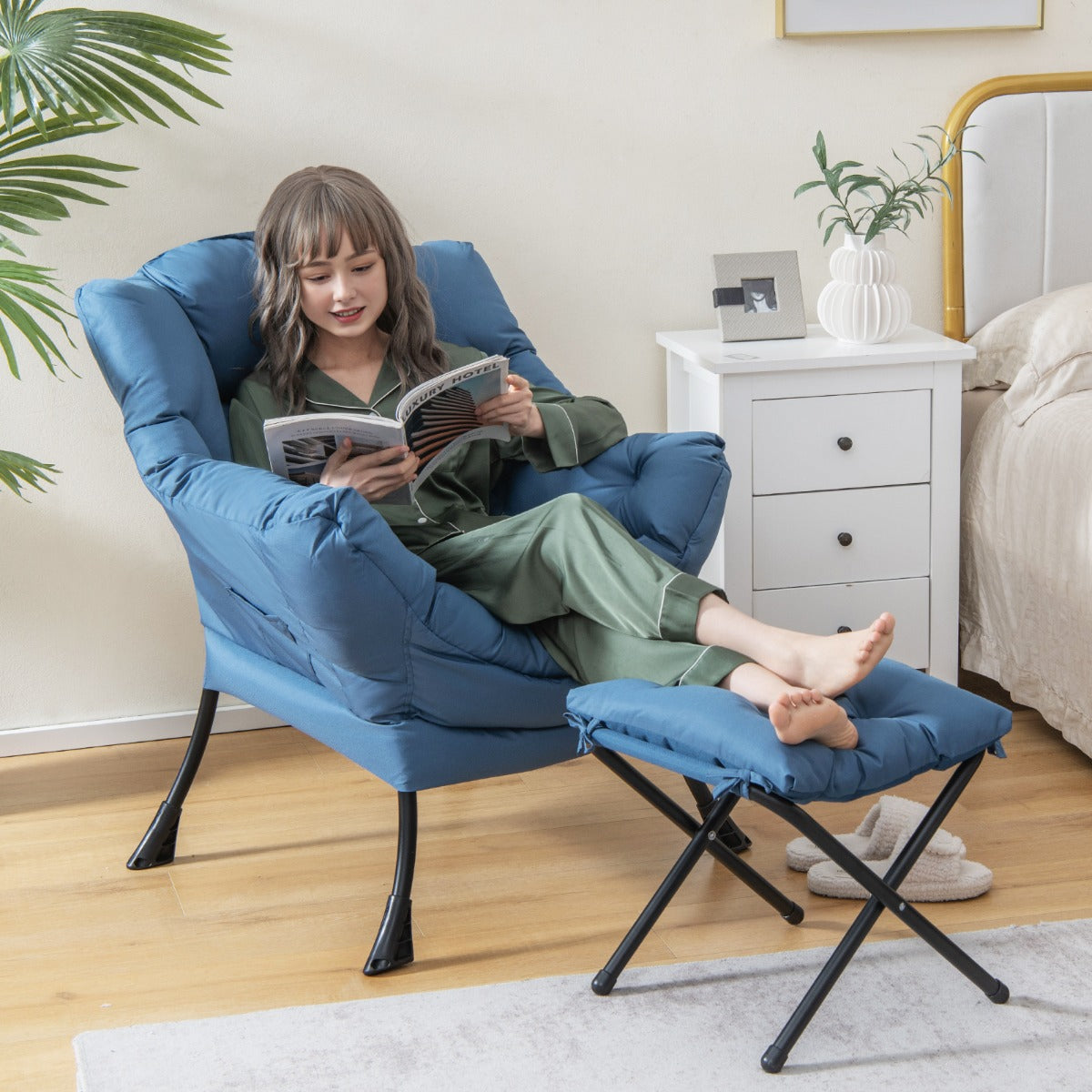 Modern Lazy Chair with Ottoman & Pillow & Armrests & Side Pocket-Blue