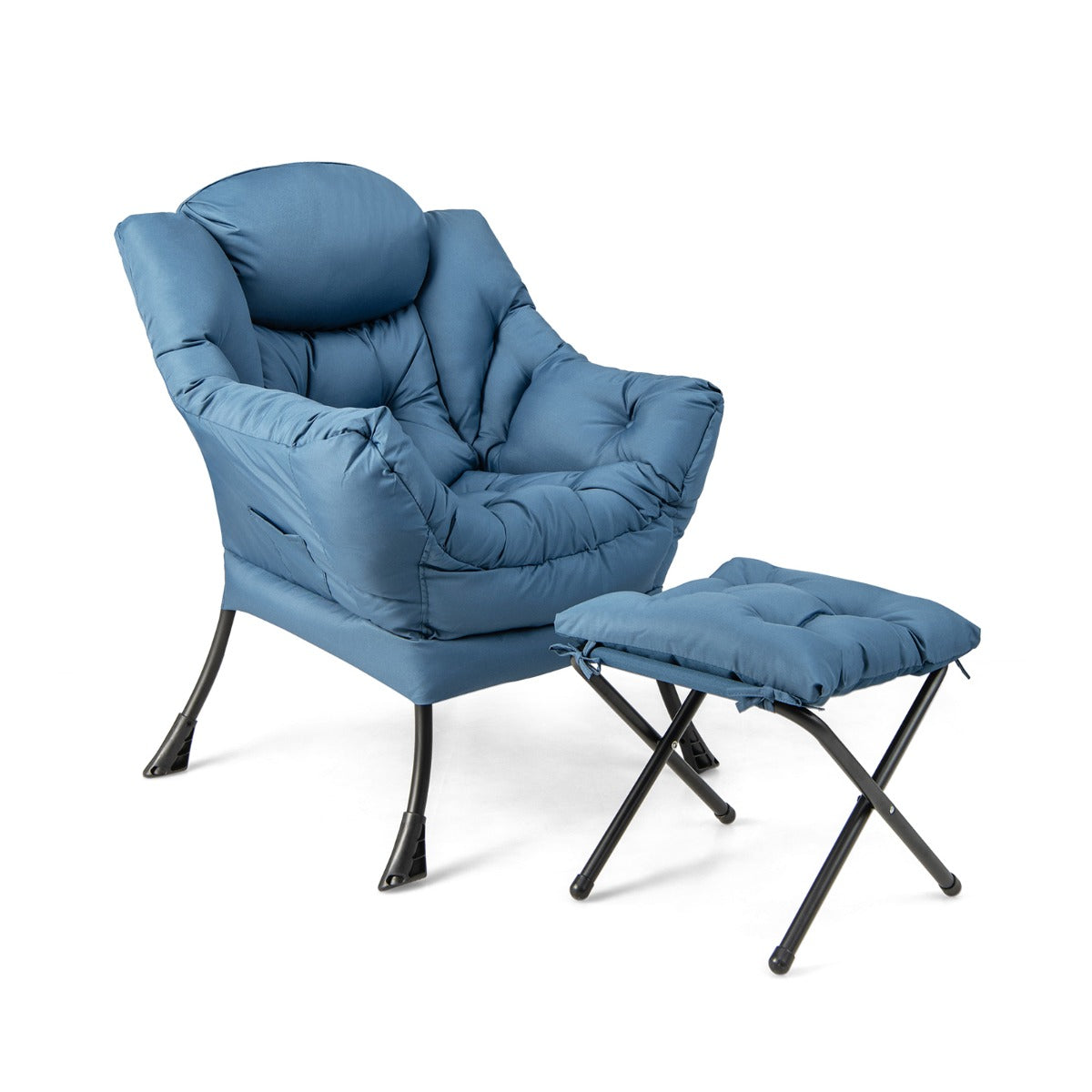 Modern Lazy Chair with Ottoman & Pillow & Armrests & Side Pocket-Blue