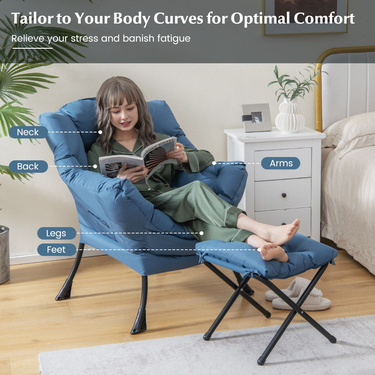 Modern Lazy Chair with Ottoman & Pillow & Armrests & Side Pocket-Blue