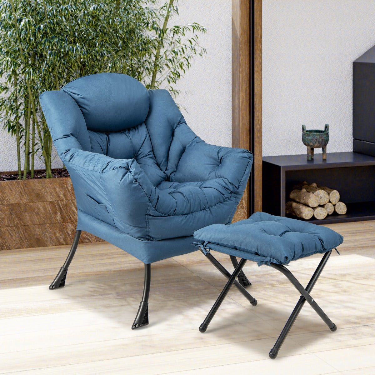 Modern Lazy Chair with Ottoman & Pillow & Armrests & Side Pocket-Blue