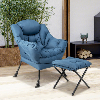Modern Lazy Chair with Ottoman & Pillow & Armrests & Side Pocket-Blue
