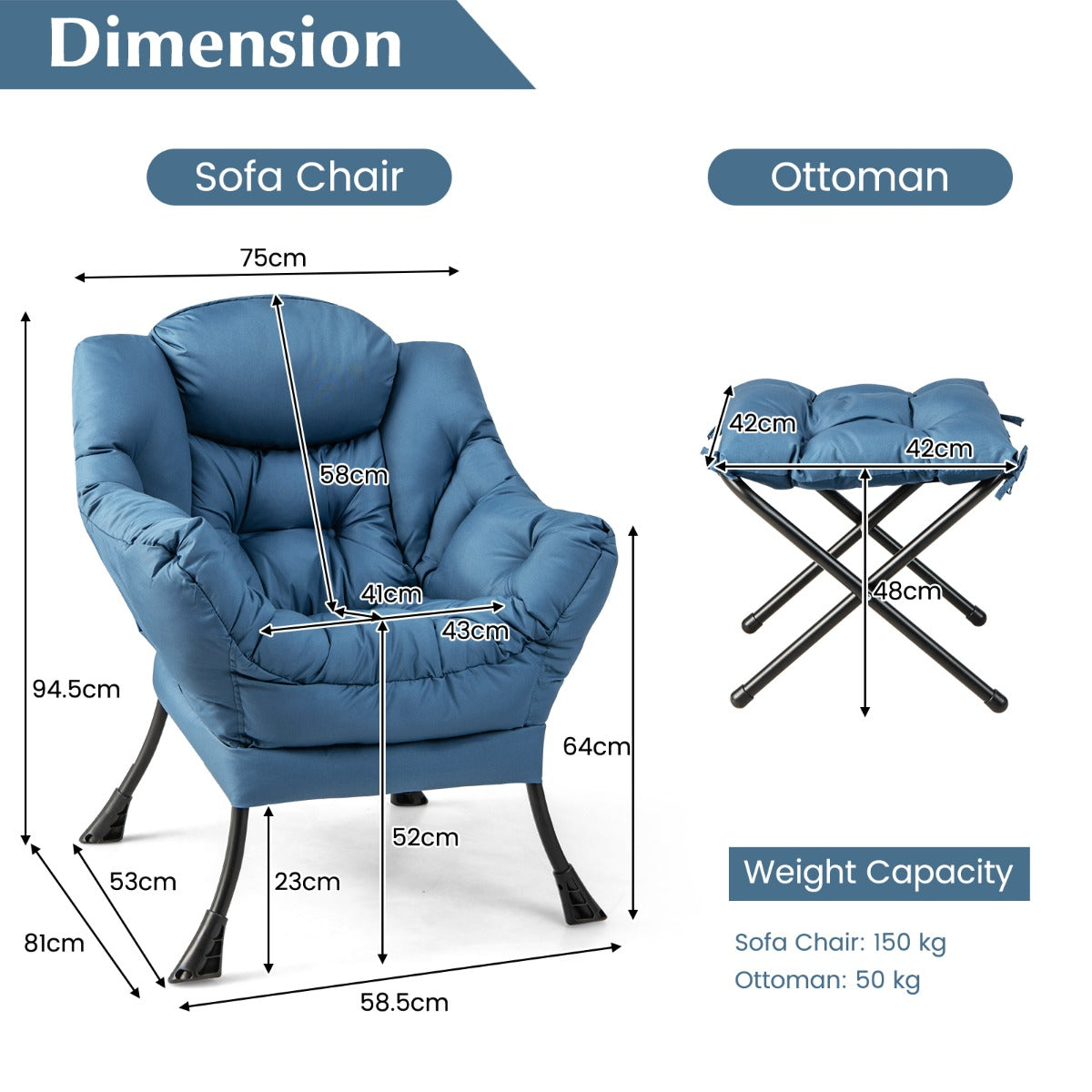 Modern Lazy Chair with Ottoman & Pillow & Armrests & Side Pocket-Blue