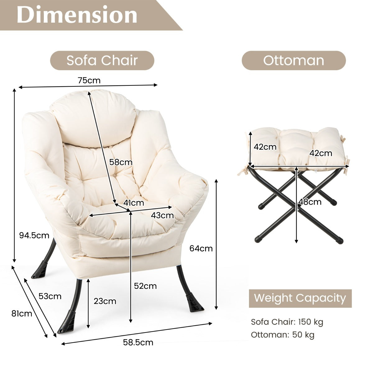 Modern Lazy Chair with Ottoman &amp;amp; Pillow &amp;amp; Armrests &amp;amp; Side Pocket-Beige