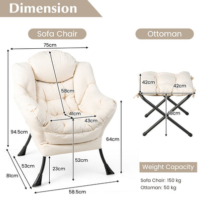 Modern Lazy Chair with Ottoman &amp;amp; Pillow &amp;amp; Armrests &amp;amp; Side Pocket-Beige