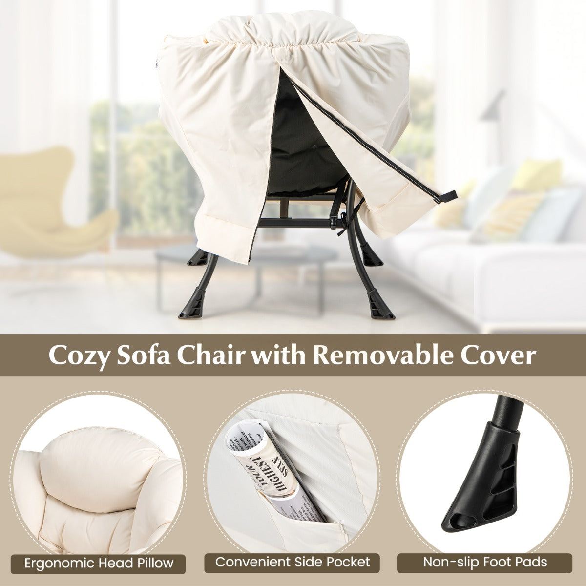 Modern Lazy Chair with Ottoman &amp;amp; Pillow &amp;amp; Armrests &amp;amp; Side Pocket-Beige