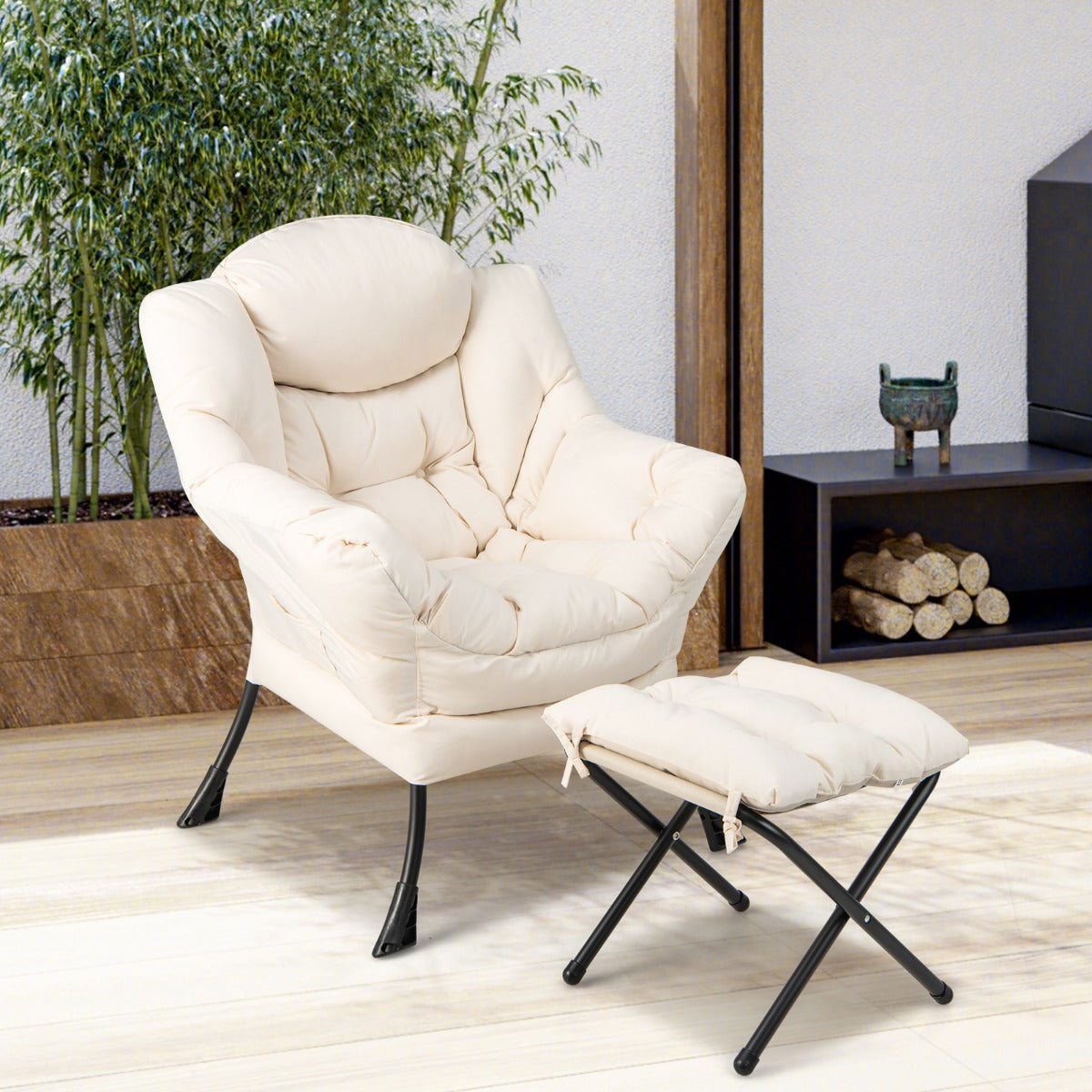 Modern Lazy Chair with Ottoman &amp;amp; Pillow &amp;amp; Armrests &amp;amp; Side Pocket-Beige