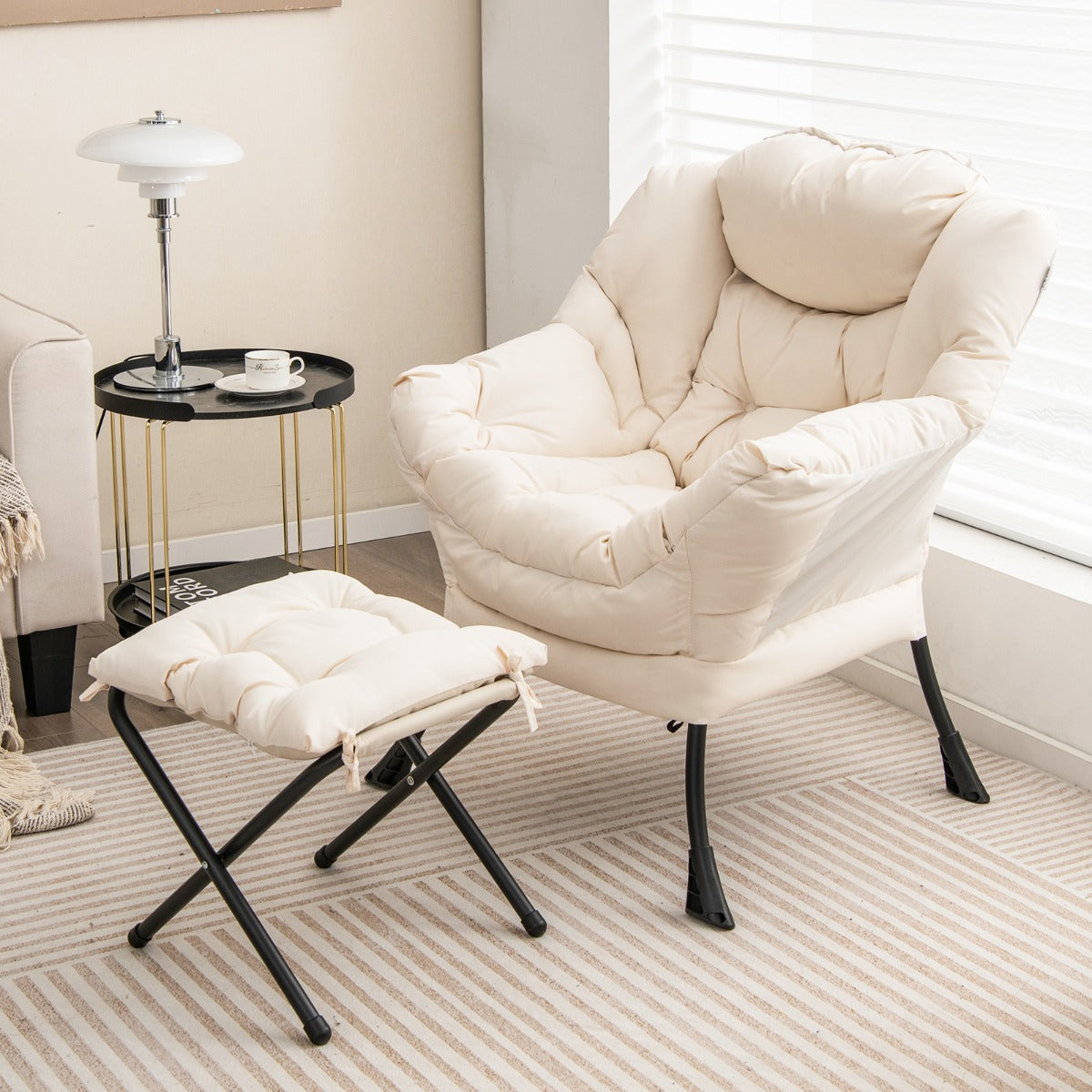Modern Lazy Chair with Ottoman &amp;amp; Pillow &amp;amp; Armrests &amp;amp; Side Pocket-Beige
