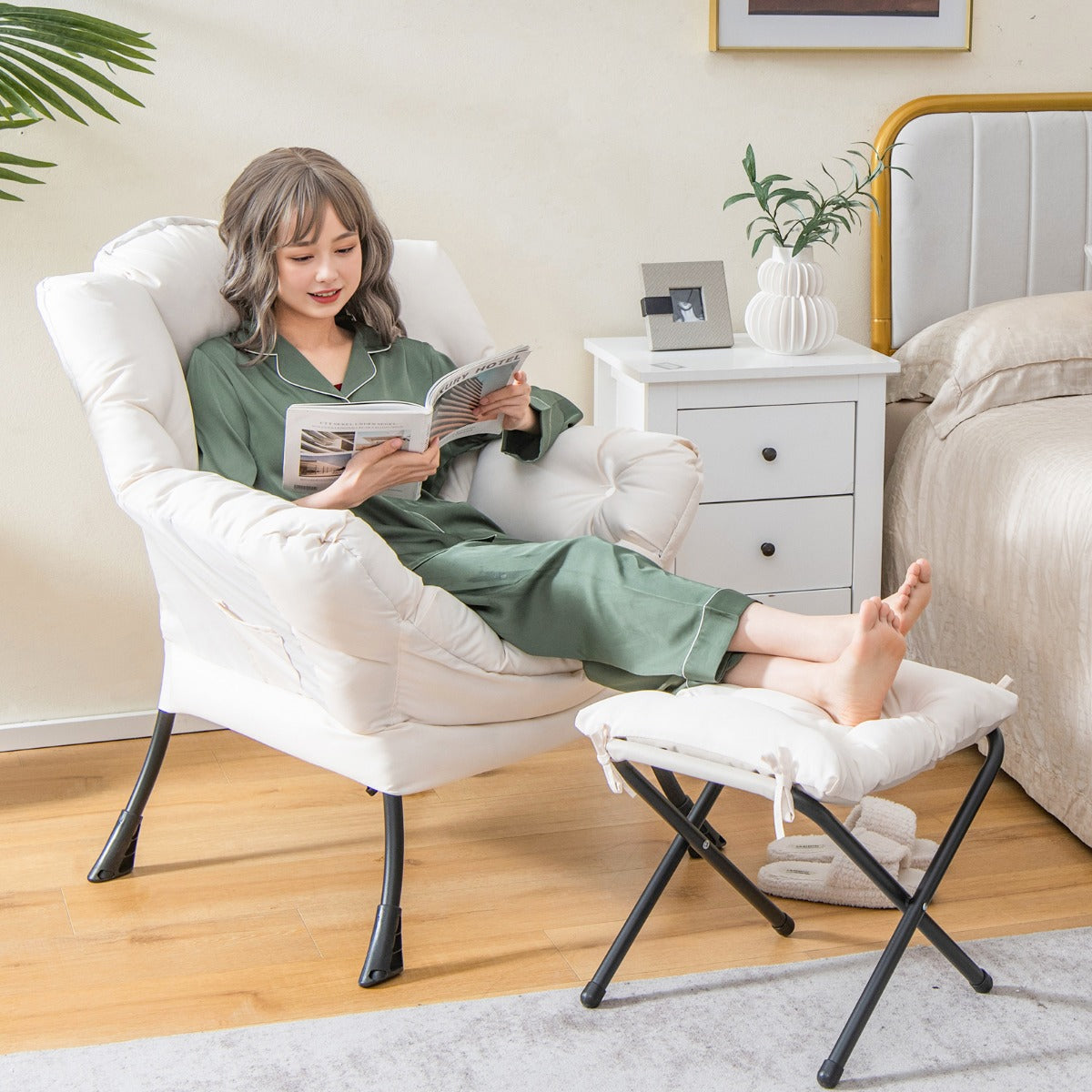 Modern Lazy Chair with Ottoman &amp;amp; Pillow &amp;amp; Armrests &amp;amp; Side Pocket-Beige