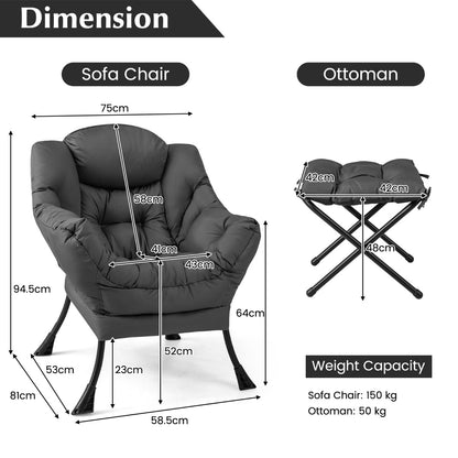 Modern Lazy Chair with Ottoman &amp;amp; Pillow &amp;amp; Armrests &amp;amp; Side Pocket-Grey