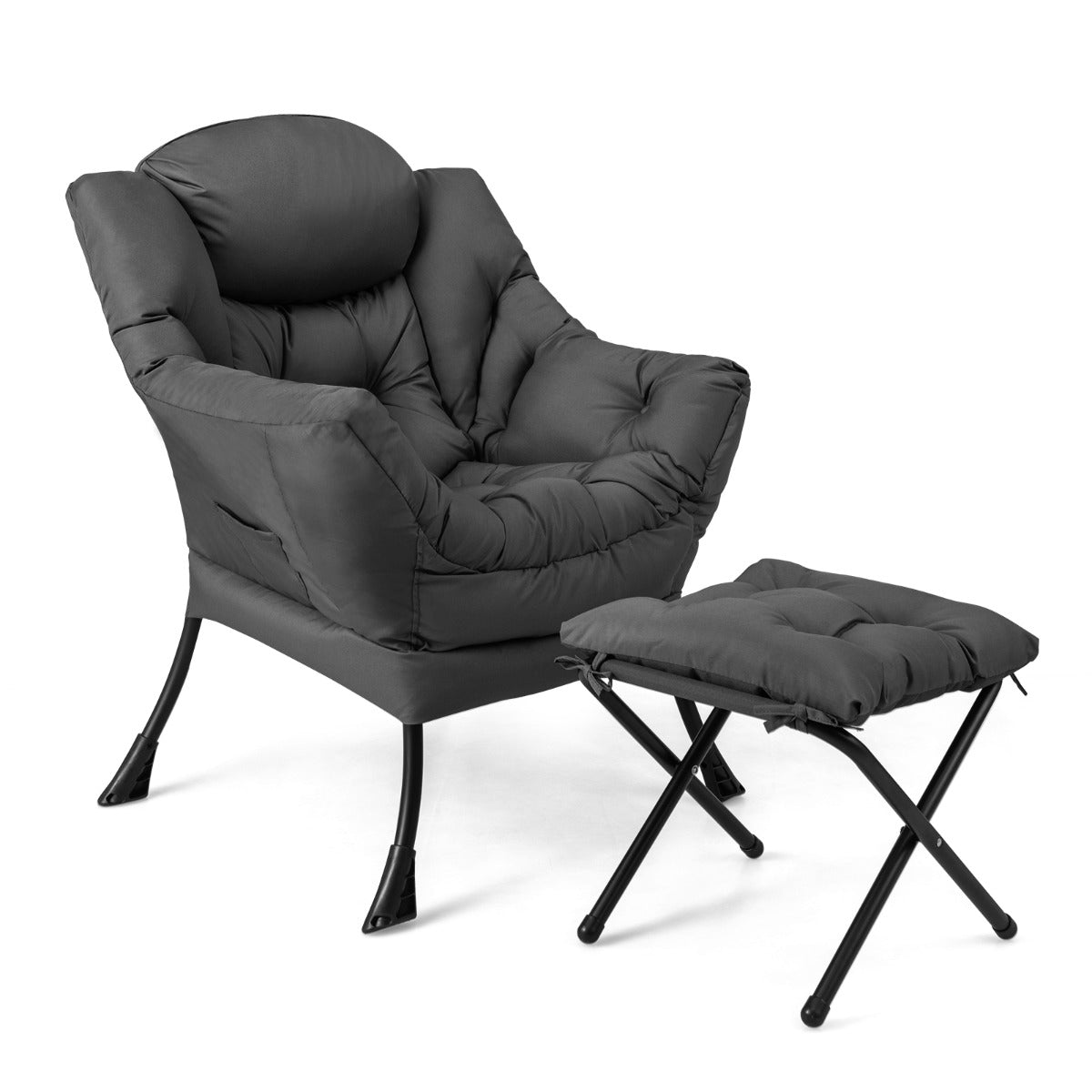 Modern Lazy Chair with Ottoman &amp;amp; Pillow &amp;amp; Armrests &amp;amp; Side Pocket-Grey