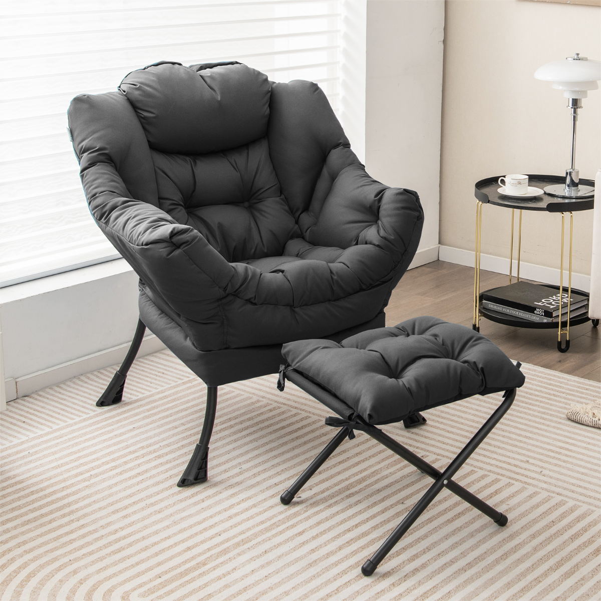 Modern Lazy Chair with Ottoman &amp;amp; Pillow &amp;amp; Armrests &amp;amp; Side Pocket-Grey