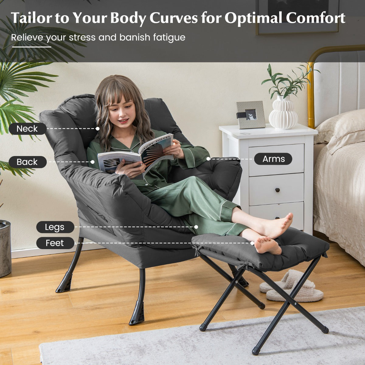 Modern Lazy Chair with Ottoman &amp;amp; Pillow &amp;amp; Armrests &amp;amp; Side Pocket-Grey