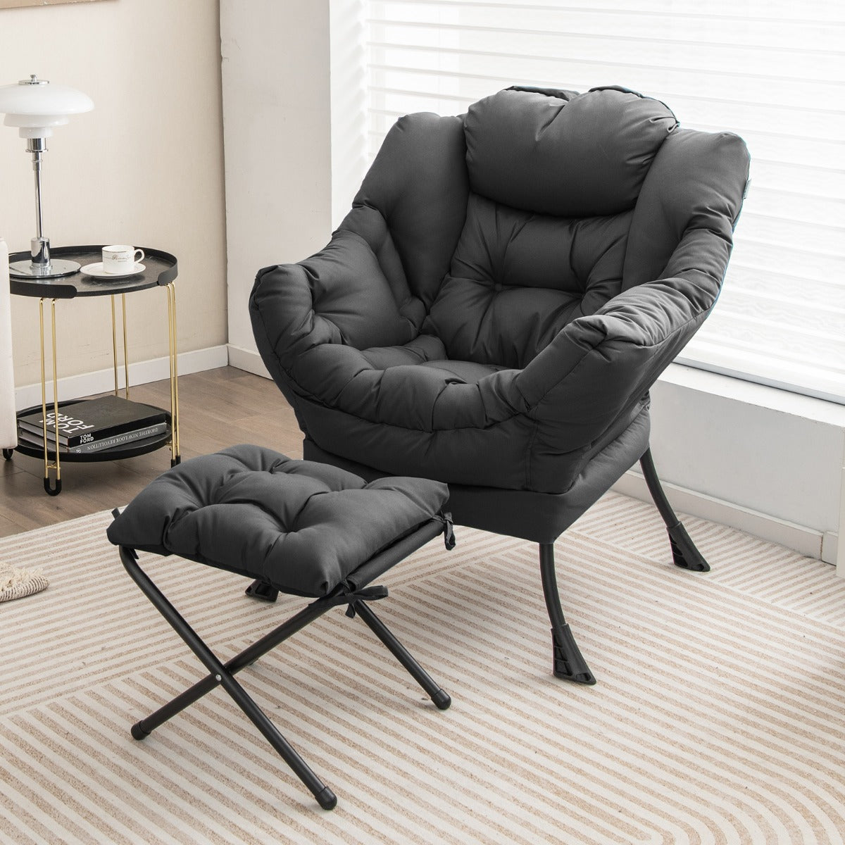 Modern Lazy Chair with Ottoman &amp;amp; Pillow &amp;amp; Armrests &amp;amp; Side Pocket-Grey