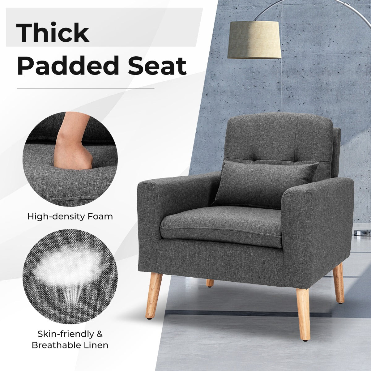 Sturdy pine wood frame and rubber wood legs create a durable 150kg seating solution