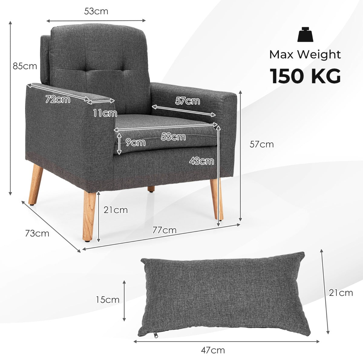 Comfortable modern accent chair with a wide seat, waist pillow, and supportive ergonomic backrest