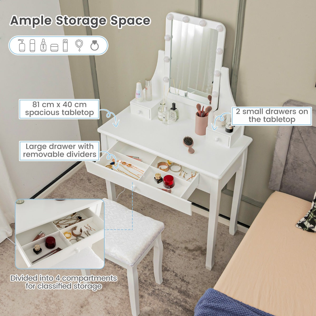 Modern Makeup Table with 10 LED Dimmable Bulbs for Women