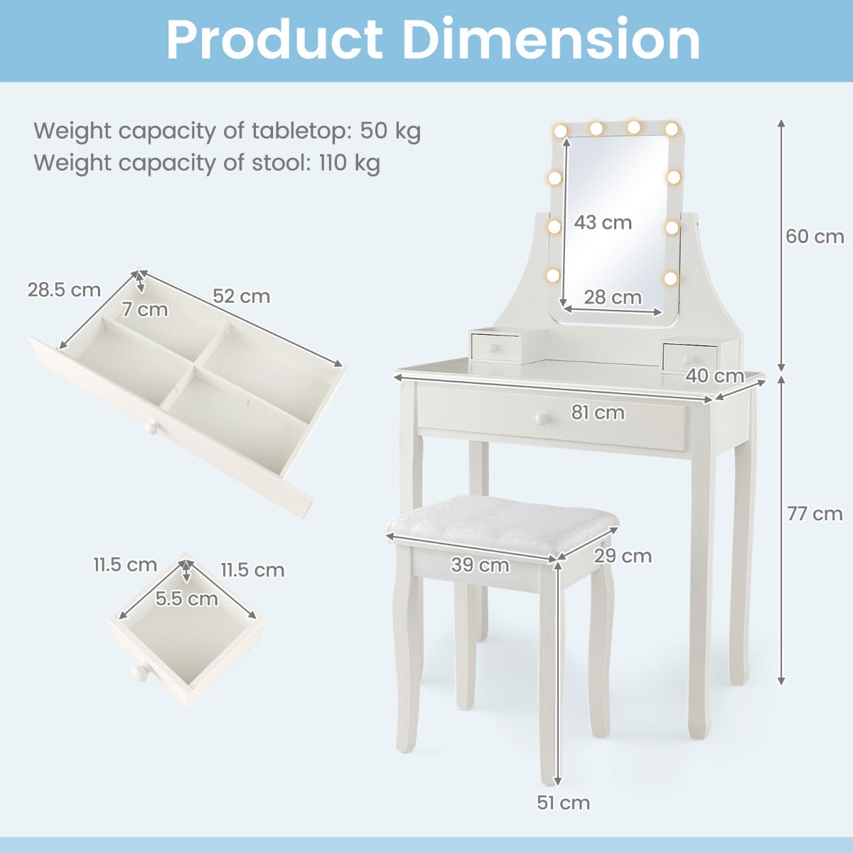 Modern Makeup Table with 10 LED Dimmable Bulbs for Women