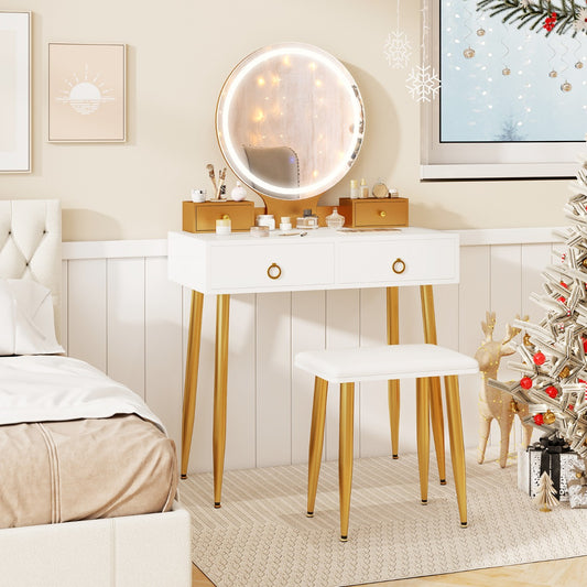 Modern Makeup Vanity Desk Dressing Table with 3-Color Lighted Mirror-White