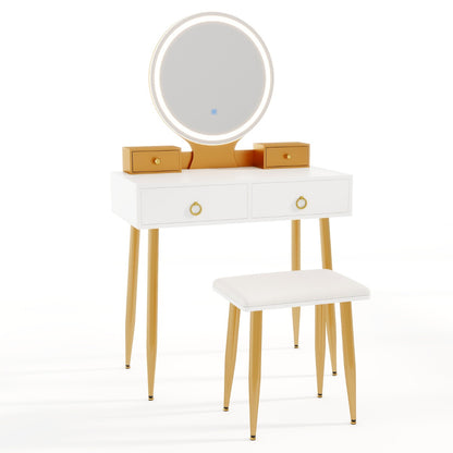 Modern Makeup Vanity Desk Dressing Table with 3-Color Lighted Mirror-White