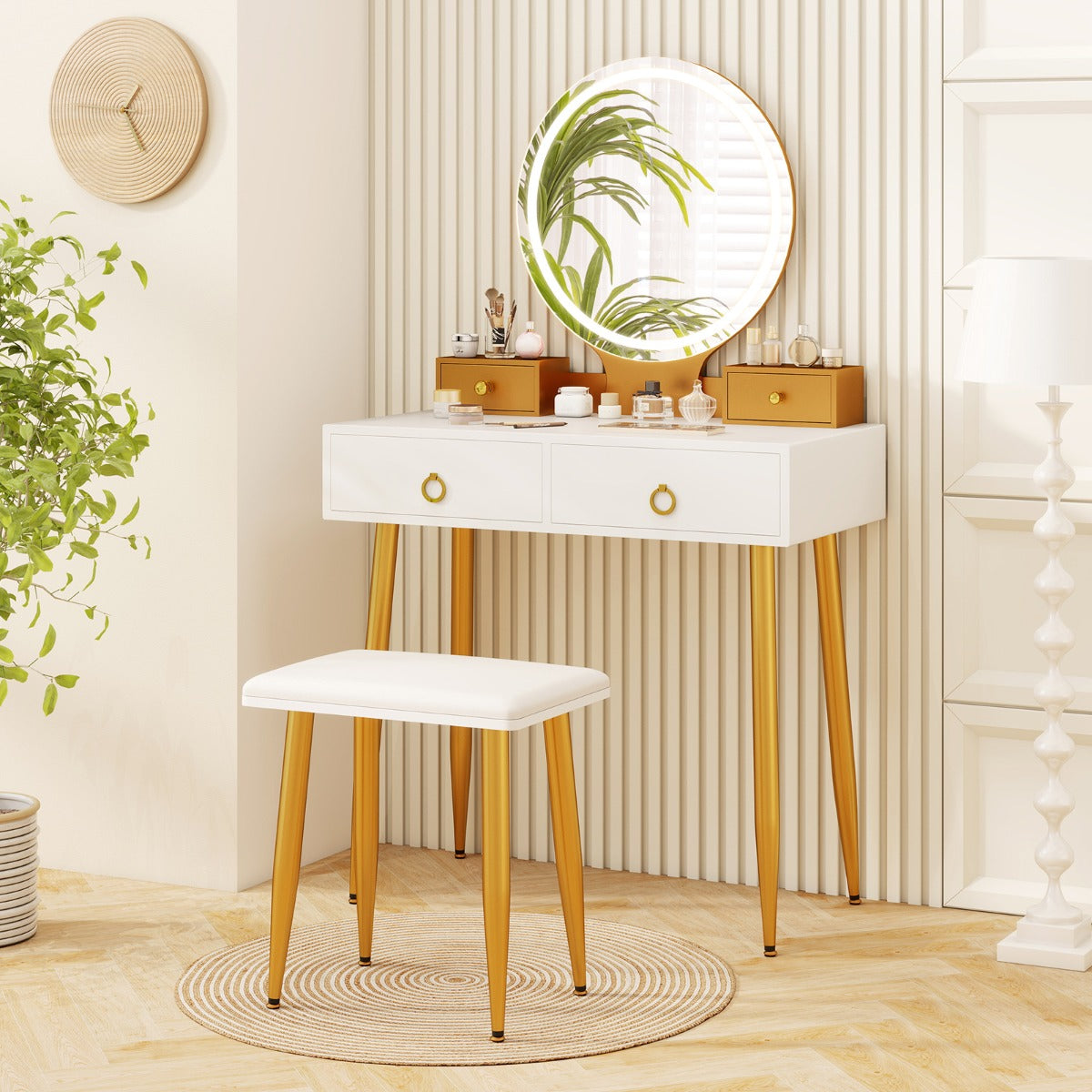 Modern Makeup Vanity Desk Dressing Table with 3-Color Lighted Mirror-White