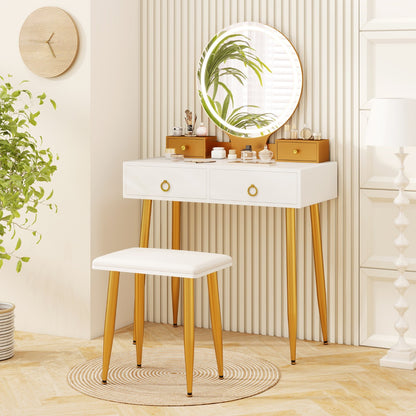 Modern Makeup Vanity Desk Dressing Table with 3-Color Lighted Mirror-White