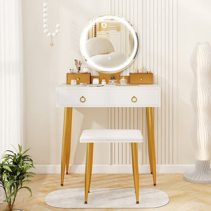 Modern Makeup Vanity Desk Dressing Table with 3-Color Lighted Mirror-White