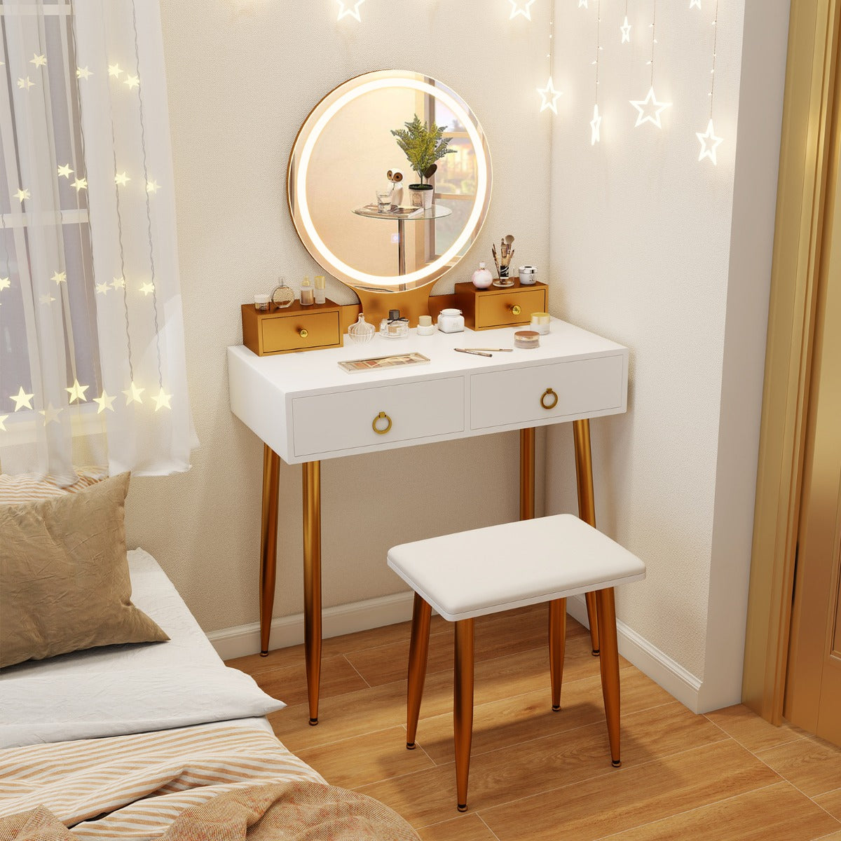 Modern Makeup Vanity Desk Dressing Table with 3-Color Lighted Mirror-White