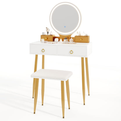Modern Makeup Vanity Desk Dressing Table with 3-Color Lighted Mirror-White