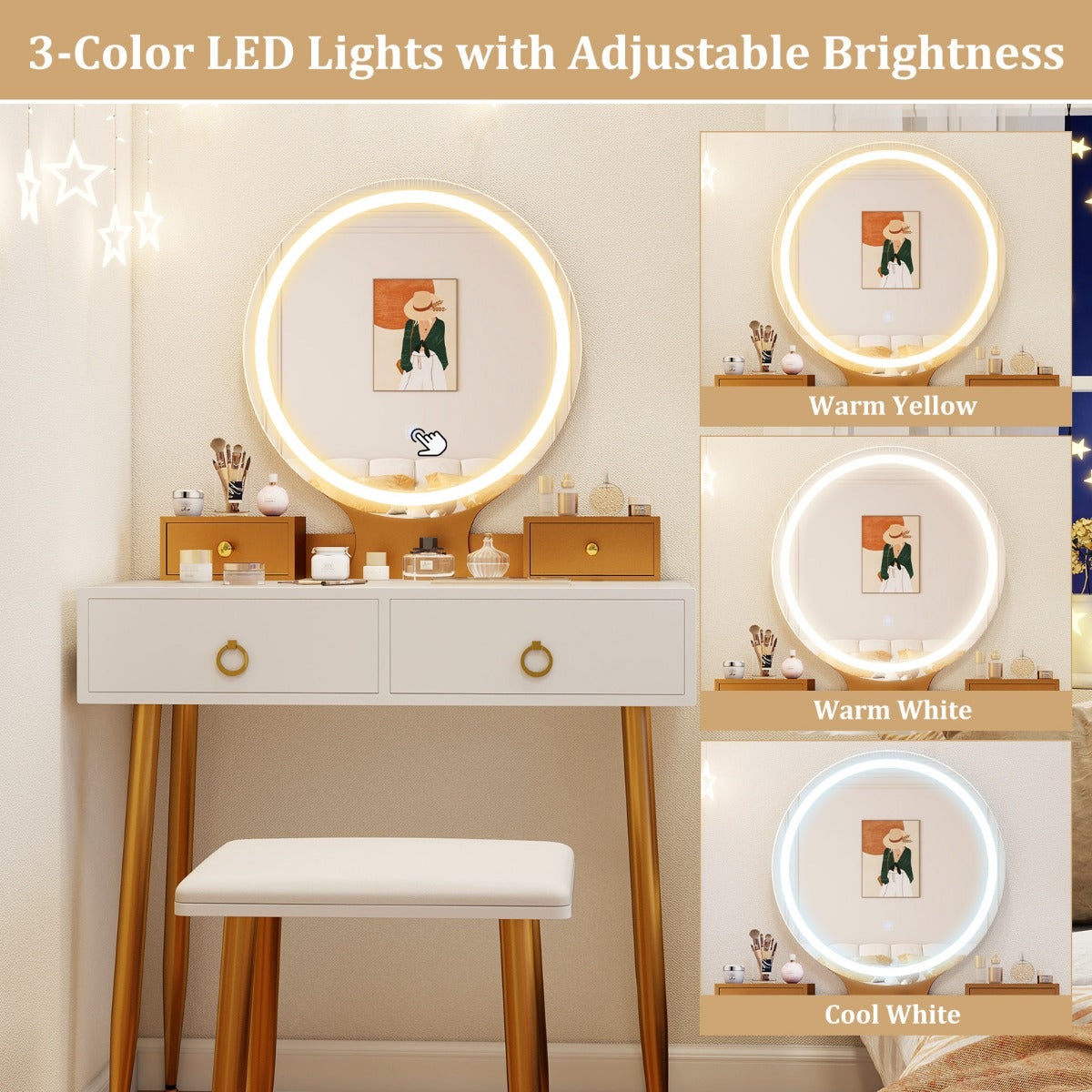 Modern Makeup Vanity Desk Dressing Table with 3-Color Lighted Mirror-White
