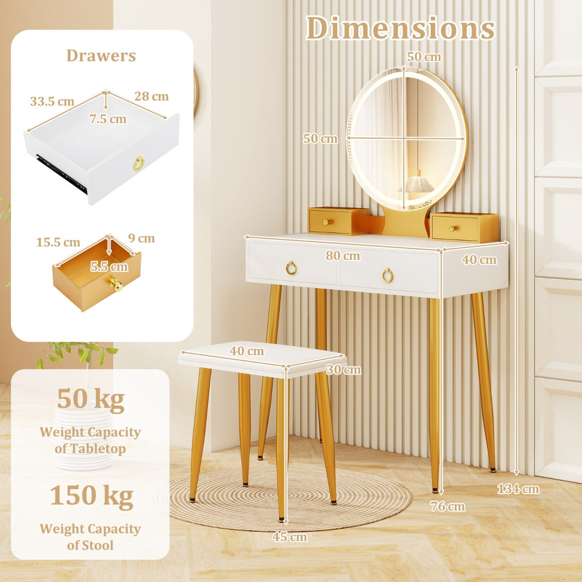 Modern Makeup Vanity Desk Dressing Table with 3-Color Lighted Mirror-White