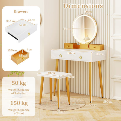 Modern Makeup Vanity Desk Dressing Table with 3-Color Lighted Mirror-White