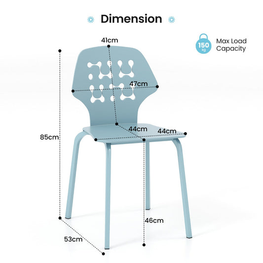 Set of four modern dining chairs with wide PP seats, hollowed backrests, and reinforced metal legs