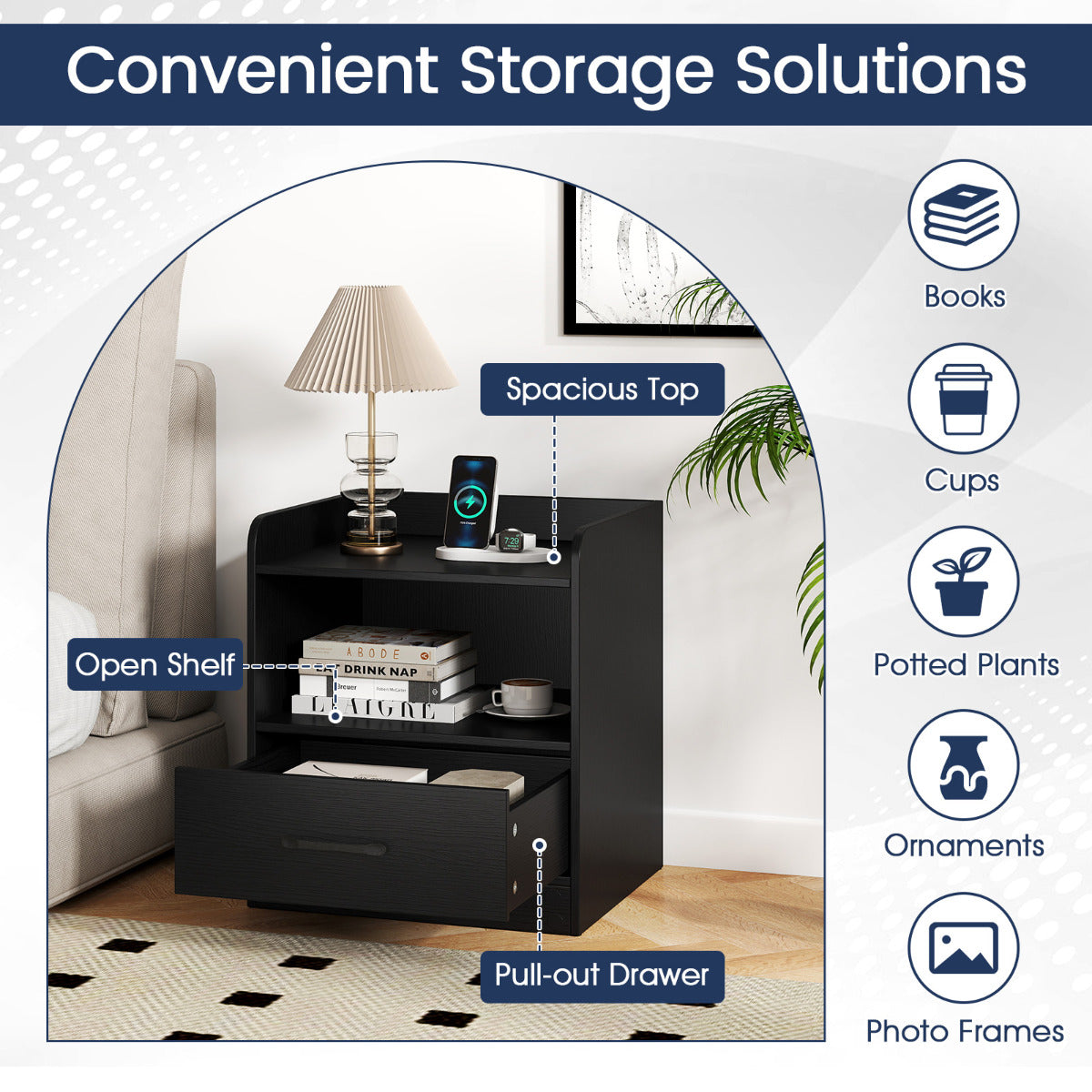 Modern Nightstand with Drawer Small Bedside Table-Black