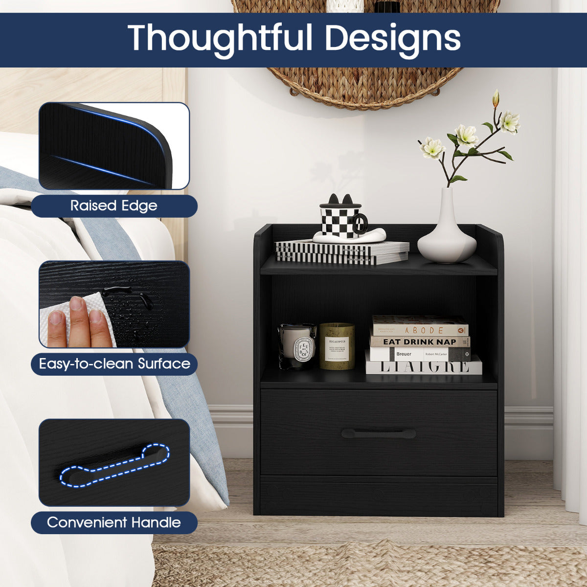 Modern Nightstand with Drawer Small Bedside Table-Black