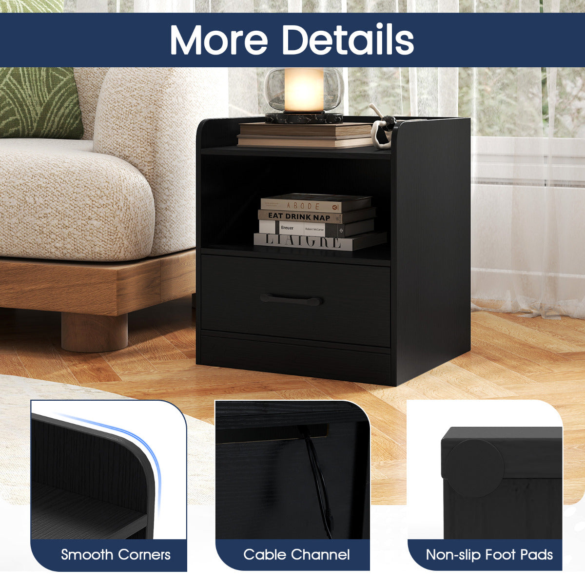 Modern Nightstand with Drawer Small Bedside Table-Black