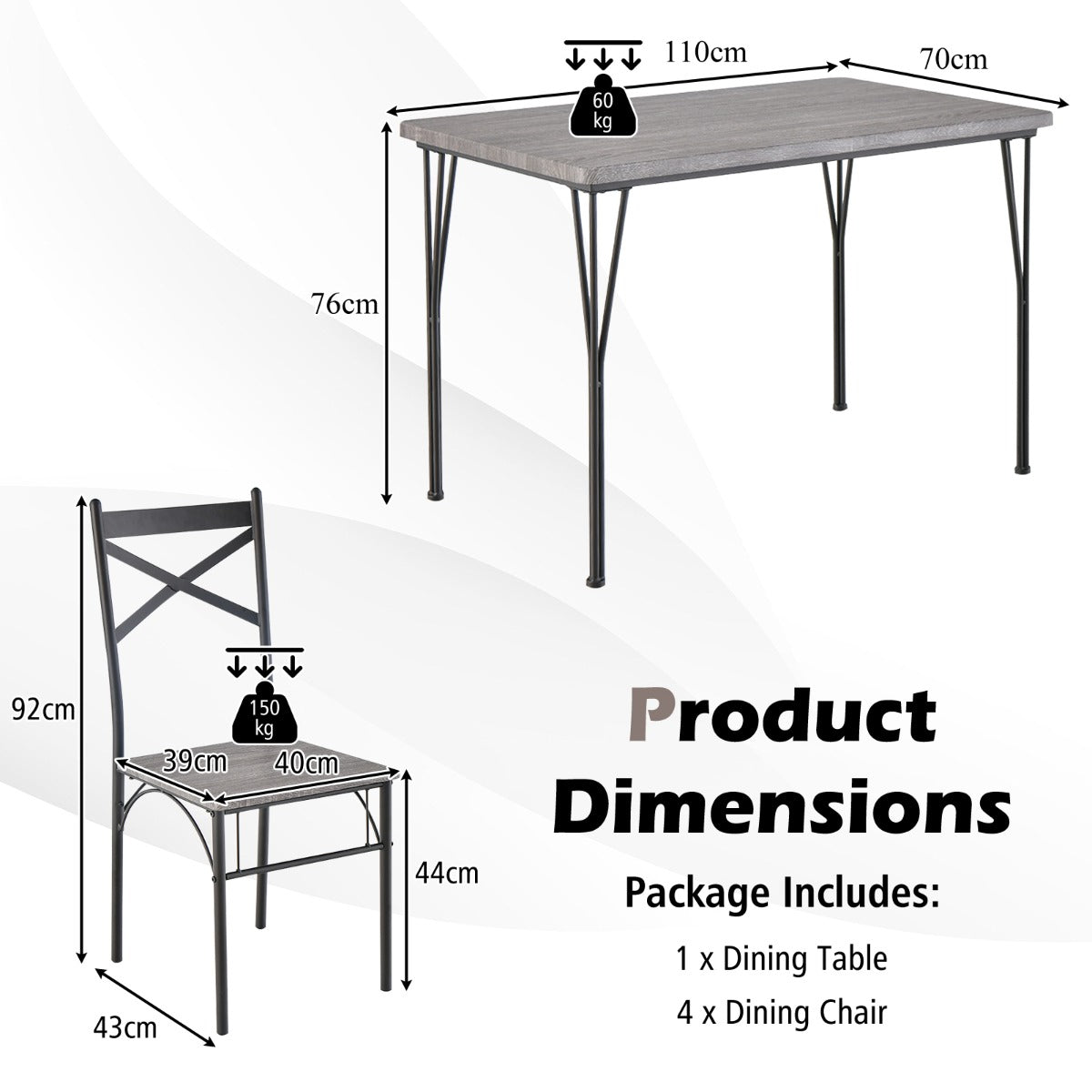 Costway Modern Rectangular 5-Piece Dining Table Set with Metal Frame