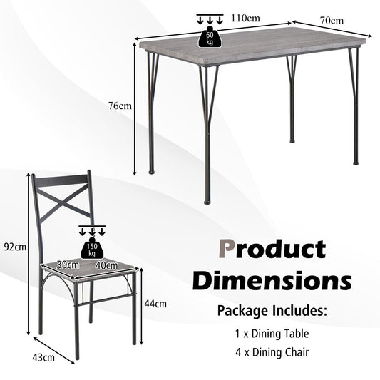 Five-piece dining set includes one rectangular table and four chairs for family meals and gatherings