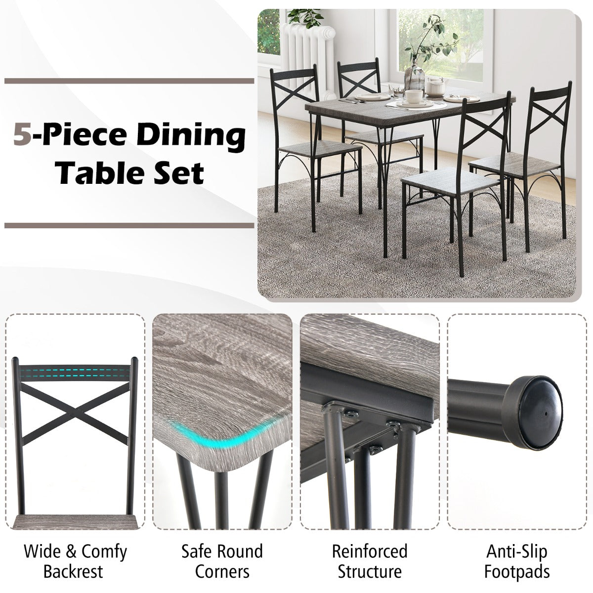 Costway Modern Rectangular 5-Piece Dining Table Set with Metal Frame