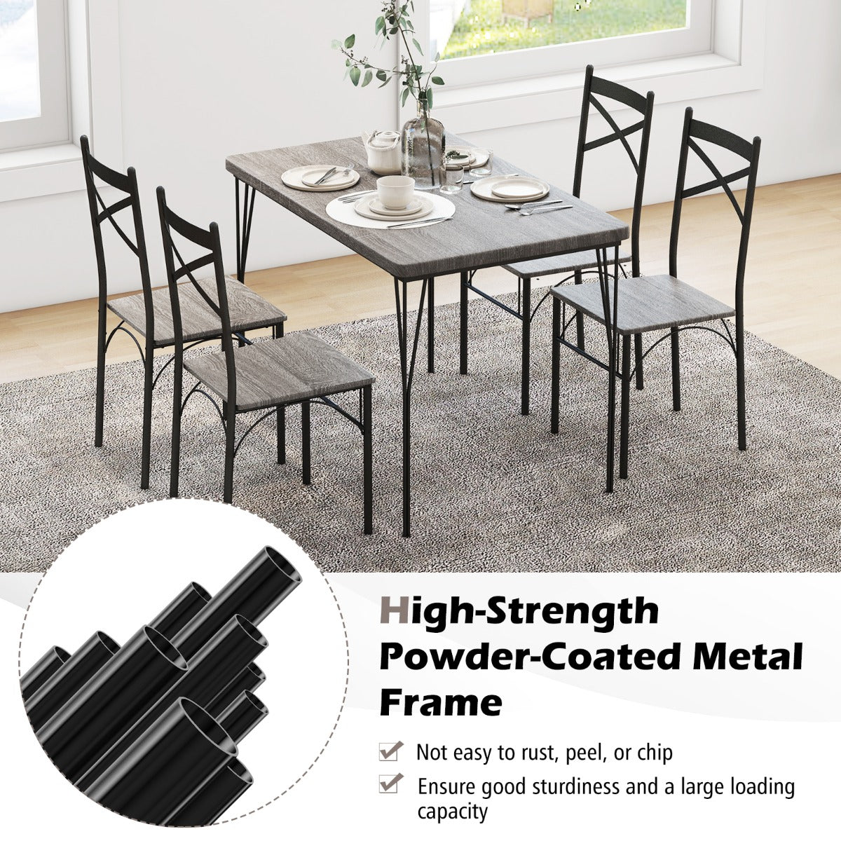Costway Modern Rectangular 5-Piece Dining Table Set with Metal Frame