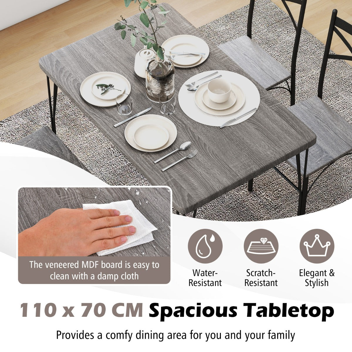 Costway Modern Rectangular 5-Piece Dining Table Set with Metal Frame
