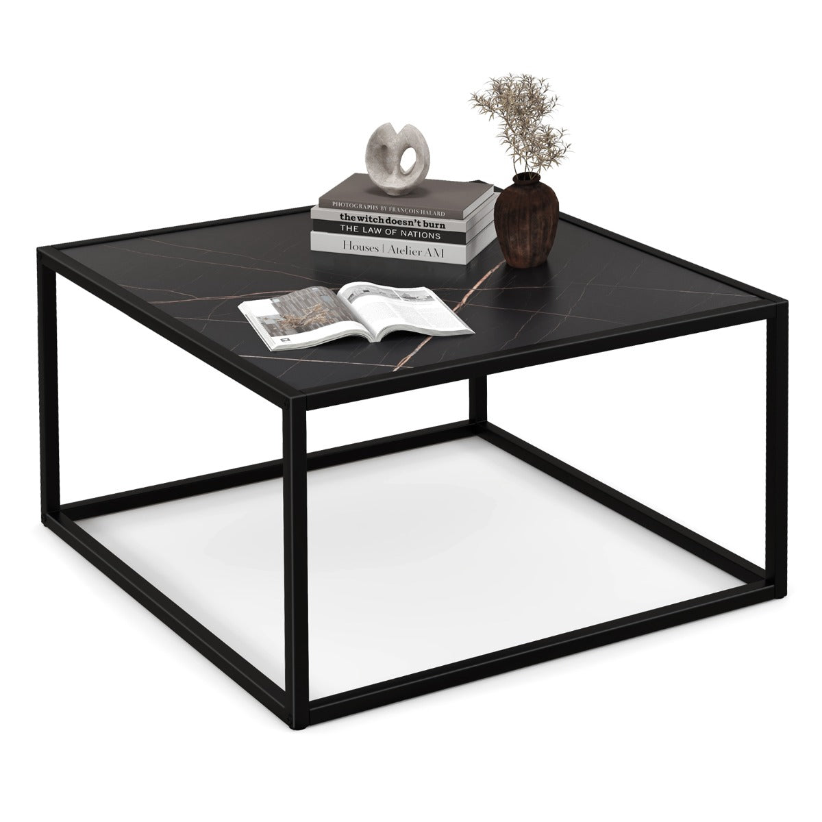 Costway Modern Square Leisure Coffee Table  with Faux Marble Tabletop-Black
