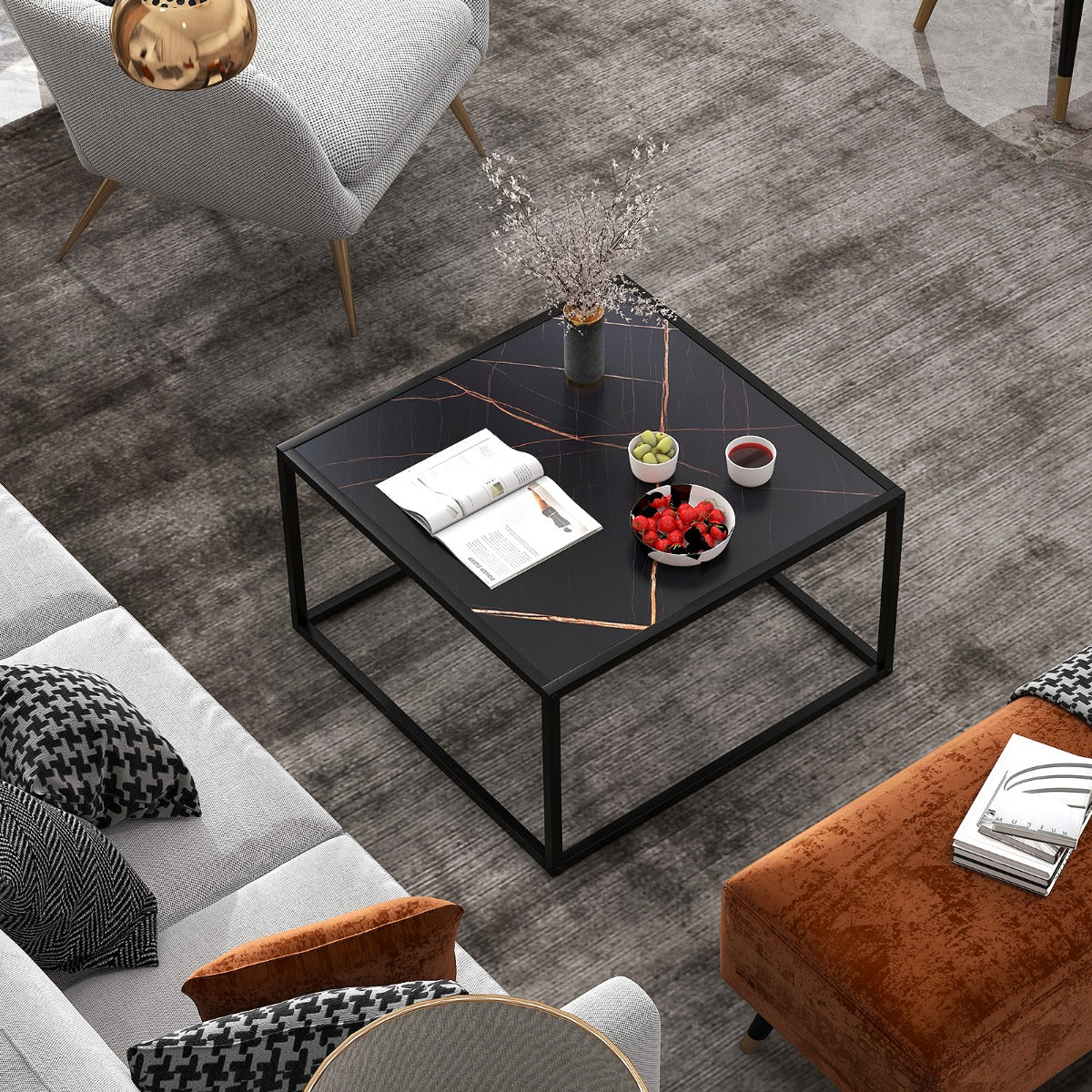 Costway Modern Square Leisure Coffee Table  with Faux Marble Tabletop-Black