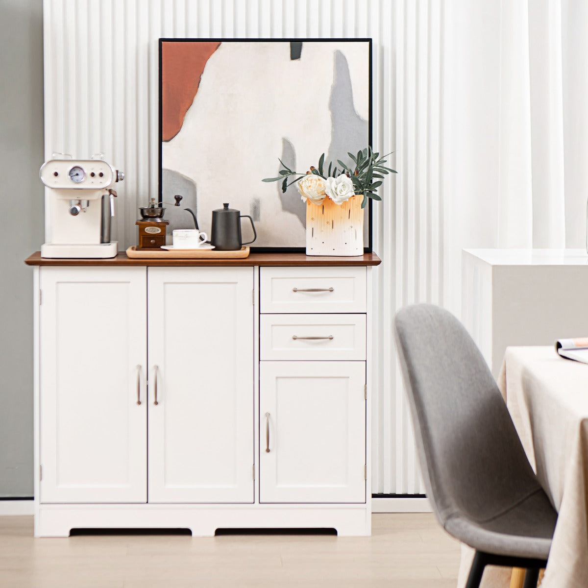 Modern Storage Buffet Cabinet with 2 Drawers and Adjustable Shelf-White