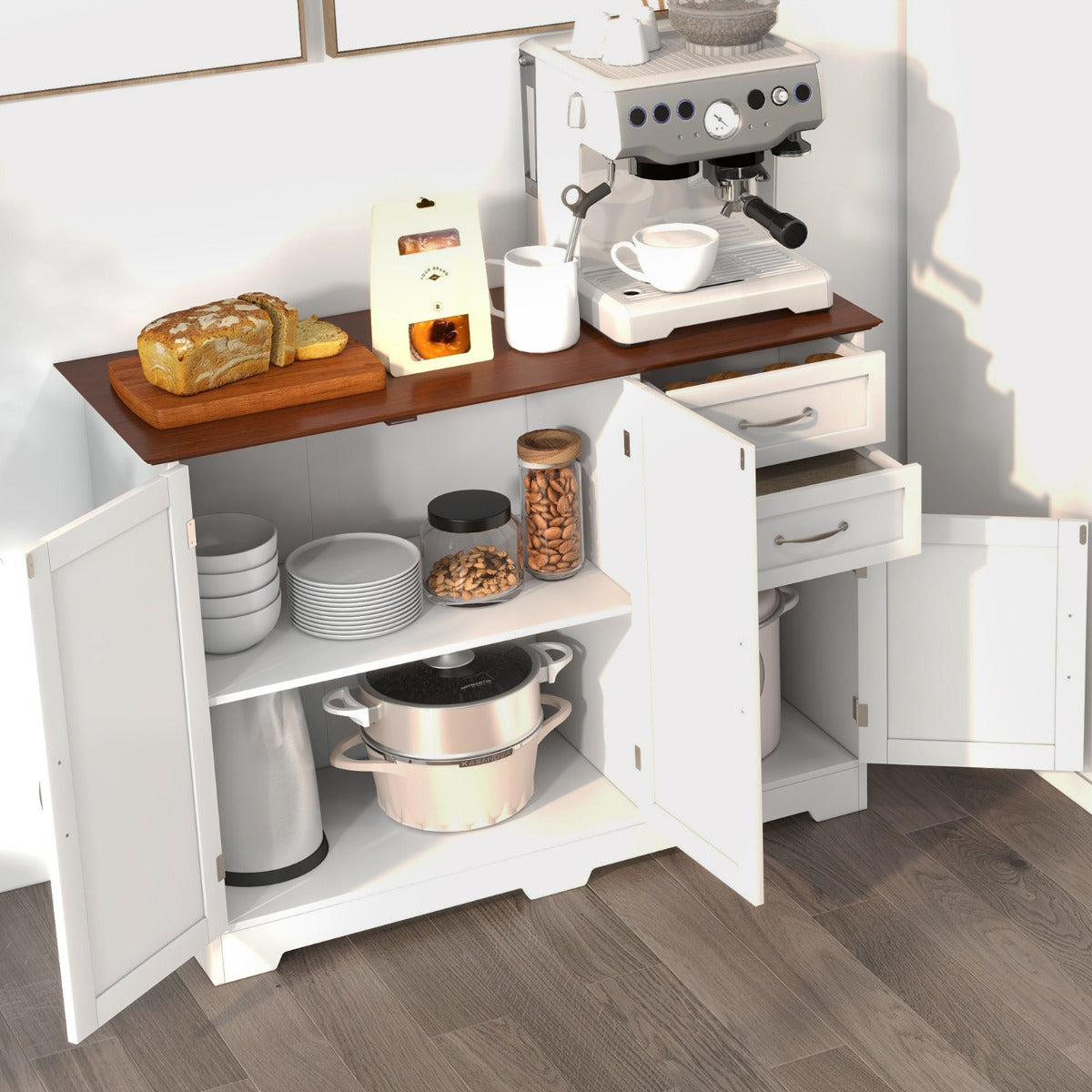 Modern Storage Buffet Cabinet with 2 Drawers and Adjustable Shelf-White