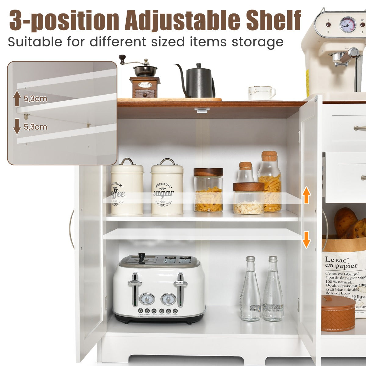 Modern Storage Buffet Cabinet with 2 Drawers and Adjustable Shelf-White