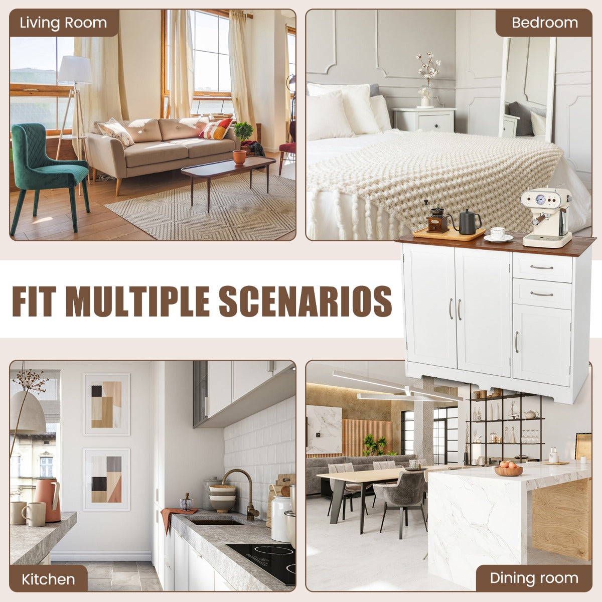 Modern Storage Buffet Cabinet with 2 Drawers and Adjustable Shelf-White
